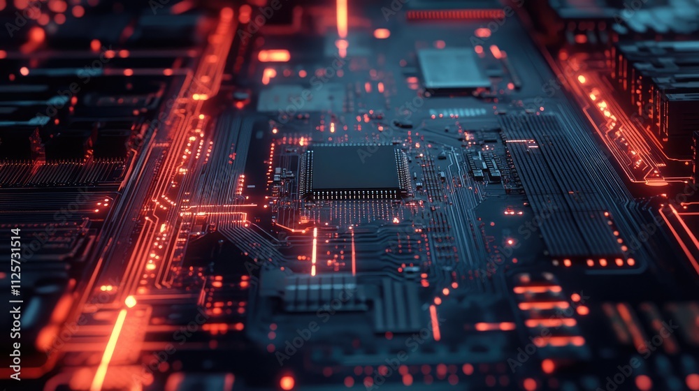 Close-up of a detailed electronic circuit board featuring a central processor, illuminated with vibrant red and orange lighting, technology, innovation, electronics design, high-tech. Close-up of a detailed electronic circuit board featuring a central processor, illuminated with vibrant red and orange lighting, technology, innovation, electronics design, high-tech.