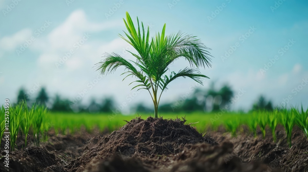 Close-up of vibrant green rice sapling emerging from rich brown soil in paddy fields, with sugar palm trees in the background under a bright blue sky, agriculture, nature, crop growth. Close-up of vibrant green rice sapling emerging from rich brown soil in paddy fields, with sugar palm trees in the background under a bright blue sky, agriculture, nature, crop growth.