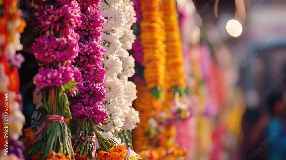 Close-up of colorful flower garlands in a vibrant market setting, featuring bright pink and orange blooms, soft focus on background shoppers, cultural, market, floral decorations, festive atmosphere. Close-up of colorful flower garlands in a vibrant market setting, featuring bright pink and orange blooms, soft focus on background shoppers, cultural, market, floral decorations, festive atmosphere.