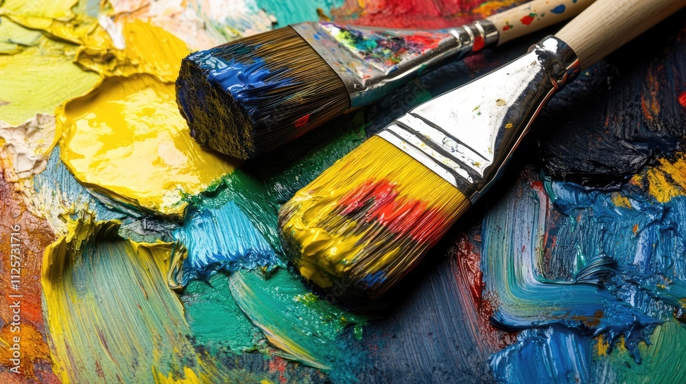 Close-up of paint containers and brushes arranged on a colorful artist palette with vibrant paint strokes, ideal for art supplies, creativity, craftsmanship, and artistic expression. Close-up of paint containers and brushes arranged on a colorful artist palette with vibrant paint strokes, ideal for art supplies, creativity, craftsmanship, and artistic expression.