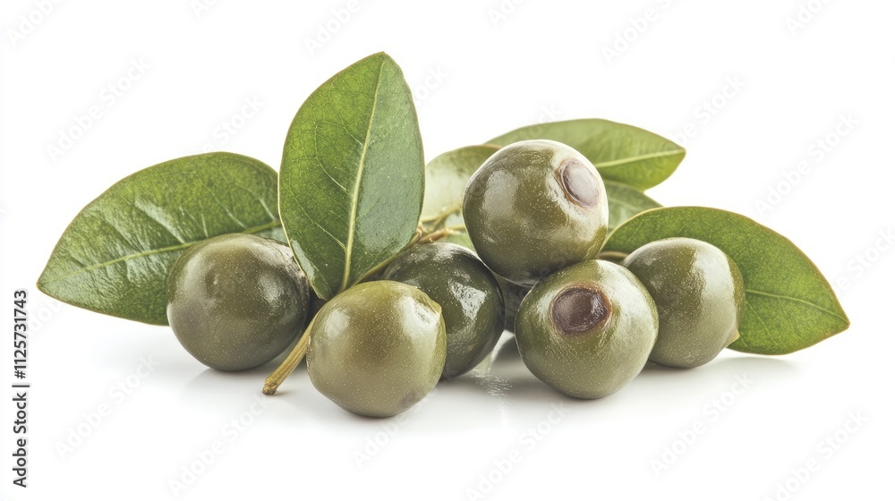Obraz premium Caper berries with leaves arranged elegantly on a white background showcasing their texture and color freshness