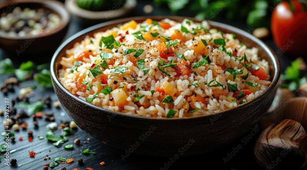 Delicious vegetable rice in a rustic bowl, garnished with fresh parsley. Delicious vegetable rice in a rustic bowl, garnished with fresh parsley.