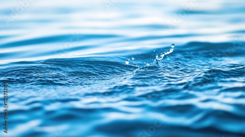 Water splash creating droplets against a clean white background, featuring vibrant blue water surface texture, clear liquid dynamics, nature, high contrast, precise details.