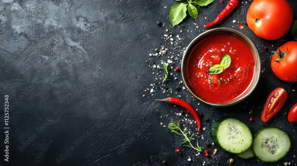 Fresh vegetable salad with tomatoes, cucumbers, chili peppers, and sauce on a dark textured background showcasing vibrant ingredients. Fresh vegetable salad with tomatoes, cucumbers, chili peppers, and sauce on a dark textured background showcasing vibrant ingredients.