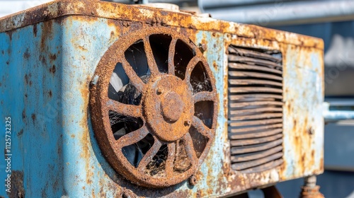 Closeup of a weathered and rusty air conditioning compressor with fan showing signs of age and neglect on a rooftop setting photo