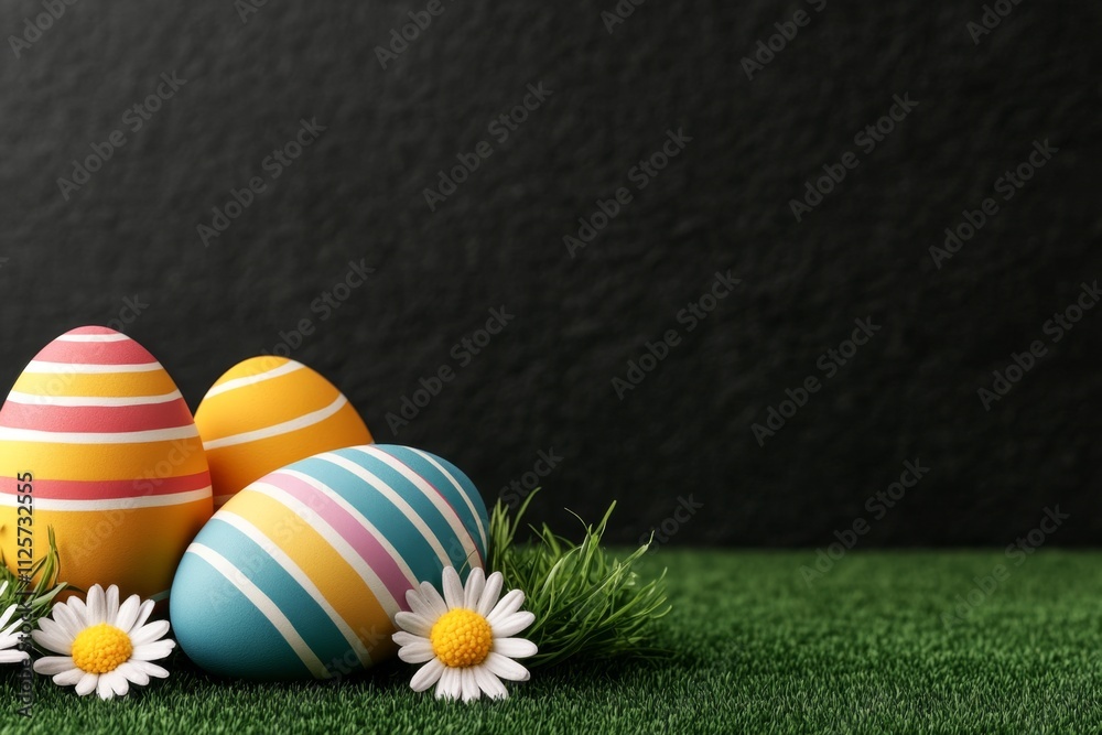 Fototapeta premium A serene image of a green meadow dotted with Easter eggs hidden among the tall grass and blooming daisies