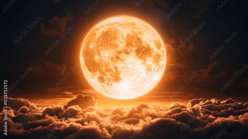 Majestic full moon illuminating clouds against a dark sky creating a serene and dramatic nocturnal landscape Majestic full moon illuminating clouds against a dark sky creating a serene and dramatic nocturnal landscape