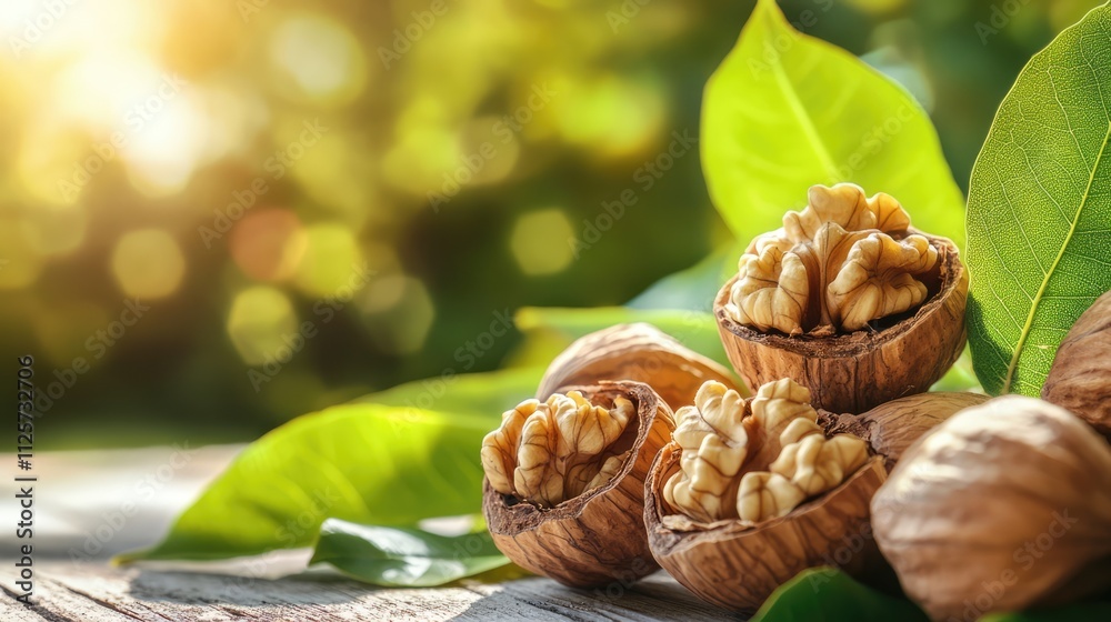 Close up of walnuts in their shells with green leaves on a wooden surface illuminated by soft natural light in the background Close up of walnuts in their shells with green leaves on a wooden surface illuminated by soft natural light in the background