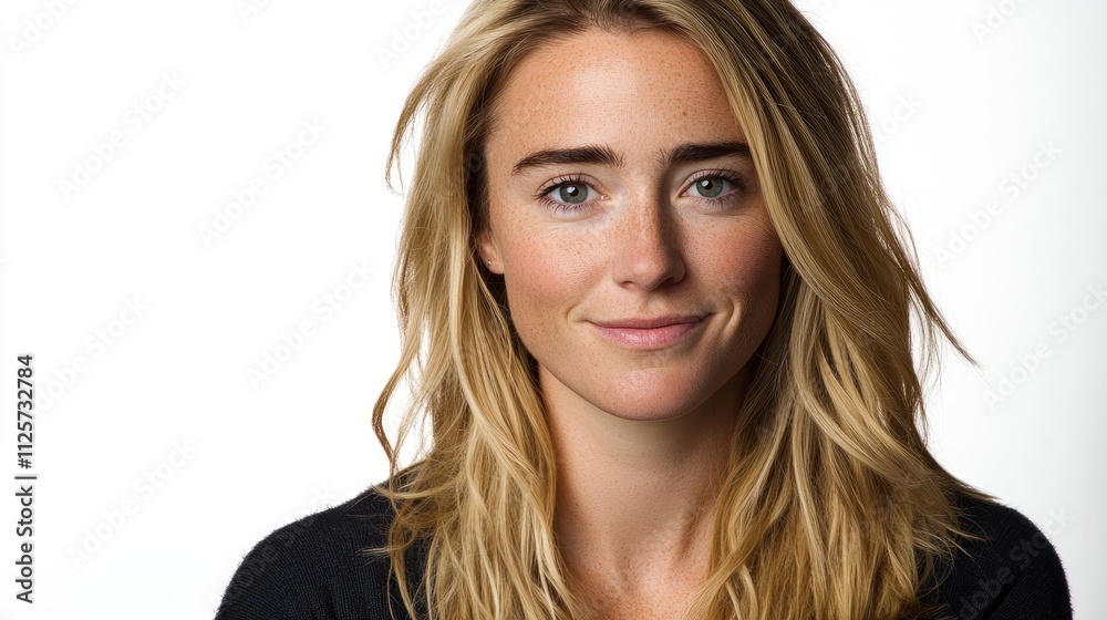 Portrait of smiling attractive woman with blonde hair and natural makeup against a white background highlighting beauty and confidence. Portrait of smiling attractive woman with blonde hair and natural makeup against a white background highlighting beauty and confidence.
