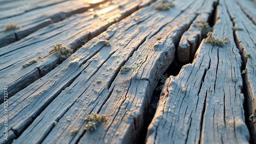 Sun-Bleached Driftwood Texture, Close-Up of Weathered Wood Grain photo