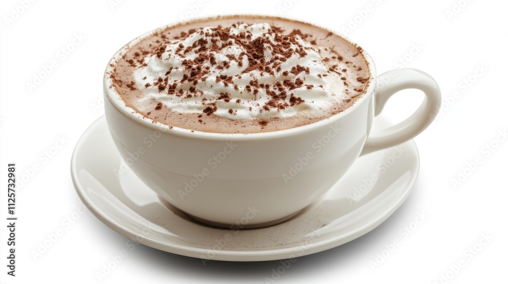 Cappuccino in a white cup topped with whipped cream and chocolate shavings on a clean elegant background