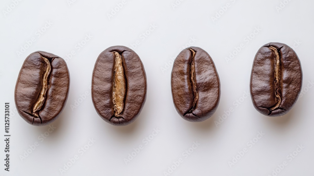Coffee beans arranged in a row on a clean white background, highlighting their rich brown color and unique textures, food photography, kitchen, beverage, gourmet. Coffee beans arranged in a row on a clean white background, highlighting their rich brown color and unique textures, food photography, kitchen, beverage, gourmet.