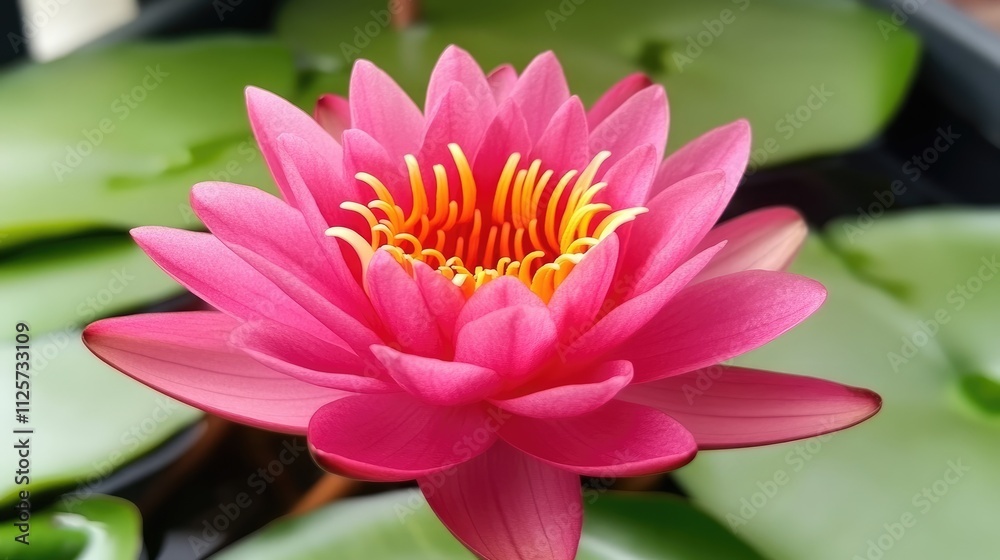 Vibrant pink water lily blooming gracefully above green lily pads in a serene park setting Vibrant pink water lily blooming gracefully above green lily pads in a serene park setting