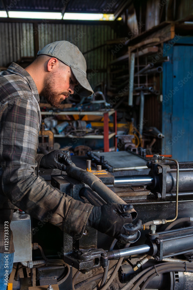 Skilled worker engaged in workshop activities focused on machinery maintenance and repair Skilled worker engaged in workshop activities focused on machinery maintenance and repair