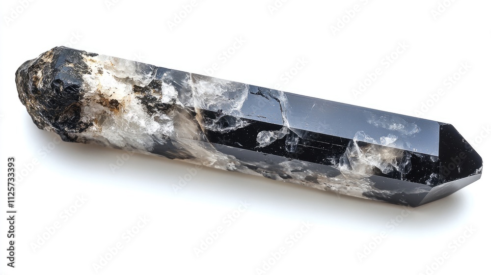 Black Phantom Quartz Crystal Mineral Display on White Textured Background Black Phantom Quartz Crystal Mineral Display on White Textured Background