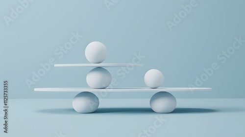 Four white spheres balancing on two white platforms against a blue background.