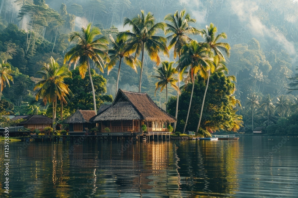 Fototapeta premium Tropical hut on stilts in a lake surrounded by palm trees and lush greenery