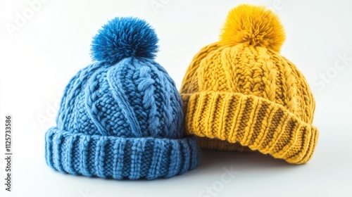 Knitted blue and yellow hats with pompoms displayed on a white background perfect for winter fashion and cozy accessories photo