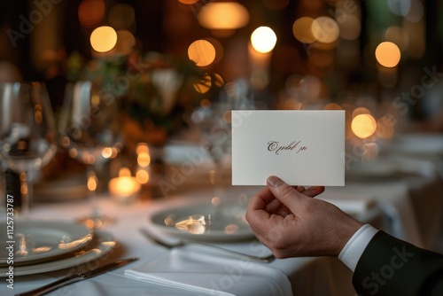 A hand holds a card with calligraphy, 'Order', at a dimly lit dinner table.