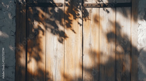 Wooden door illuminated by sunlight casting intricate shadows on its surface creating a warm and inviting atmosphere. photo