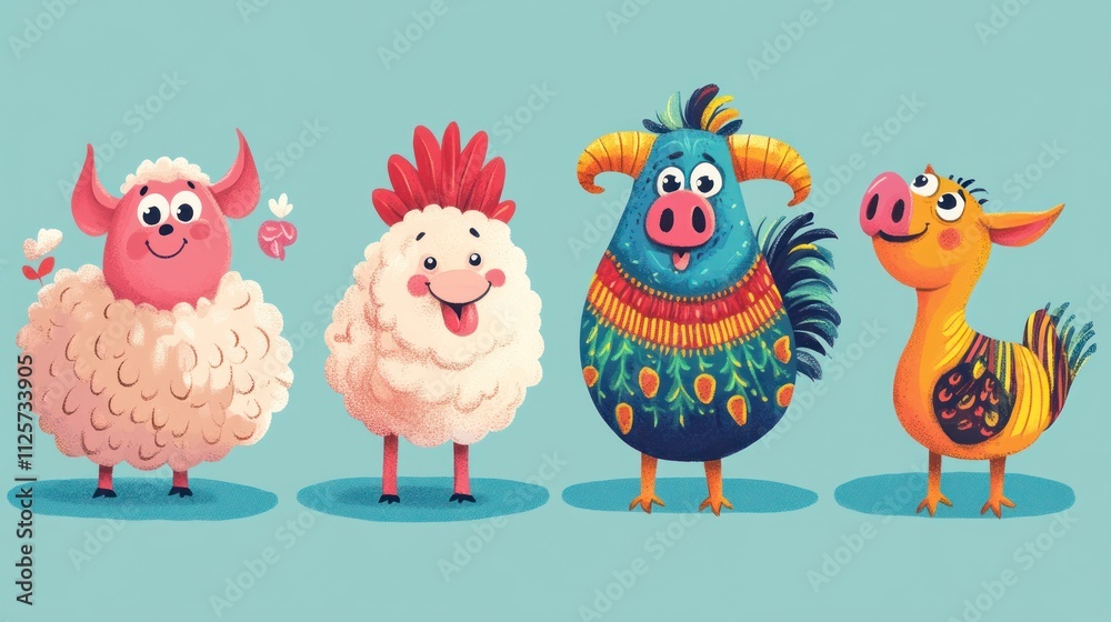 Fototapeta premium Four Cute Cartoon Animals Stand Together In A Row