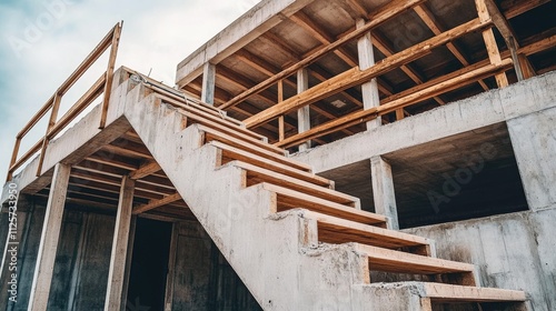 Modern concrete building under construction with wooden staircase leading to upper levels against a cloudy sky photo