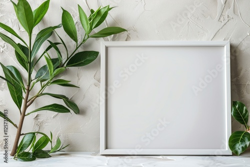 White frame with green leaves on a textured wall.