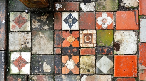 Construction debris featuring an array of old stones and tiles in varying colors and designs, showcasing waste materials from renovation projects.