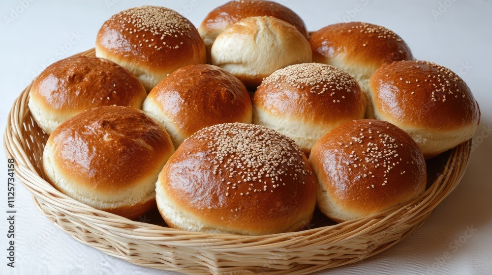 Freshly baked golden bread rolls arranged on a woven basket, showcasing a rustic and appetizing presentation for culinary designs. Freshly baked golden bread rolls arranged on a woven basket, showcasing a rustic and appetizing presentation for culinary designs.