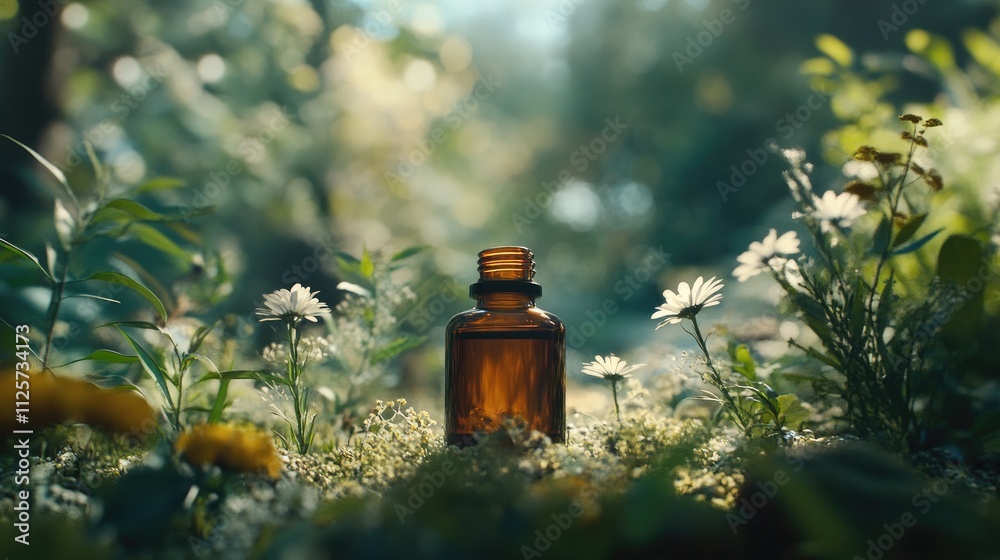 Organic essential oil bottle surrounded by flowers in a serene natural setting highlighting skincare and aromatherapy concepts. Organic essential oil bottle surrounded by flowers in a serene natural setting highlighting skincare and aromatherapy concepts.