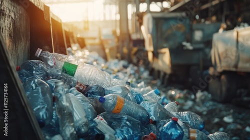 Plastic waste disposal in recycling facility showcasing piled plastic bottles for waste management and environmental sustainability efforts