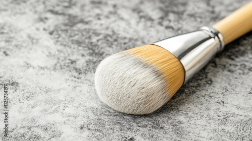 Close up of a professional paintbrush on a textured surface for artistic and repair applications photo