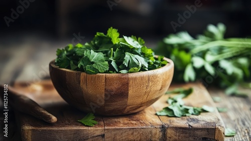 Fresh coriander leaves in a rustic wooden bowl on a textured cutting board, surrounded by scattered leaves, vibrant green color, culinary herb, organic cooking, kitchen decor. photo