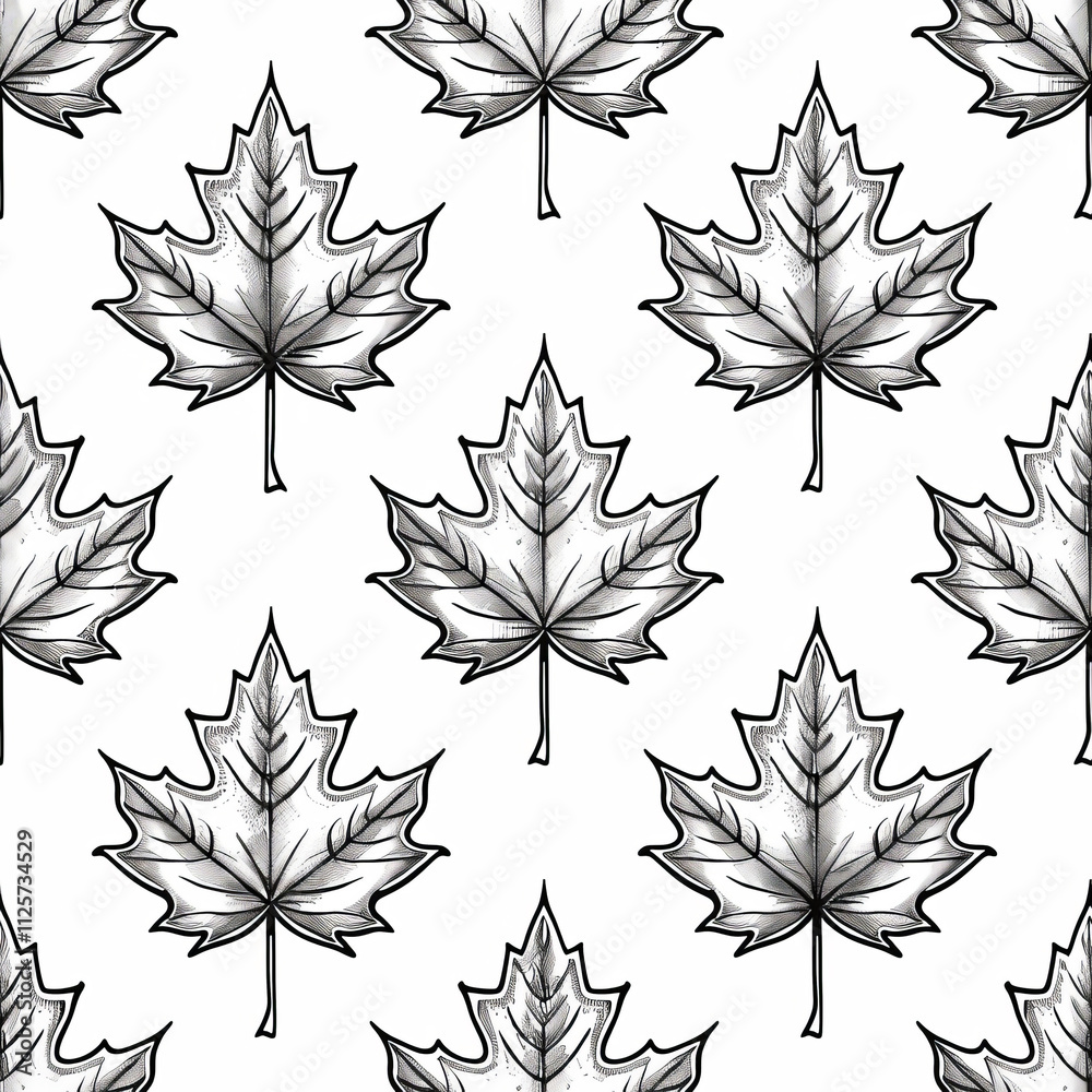Fototapeta premium Delicate monochrome maple leaf imprint seamless pattern with detailed veins on white background