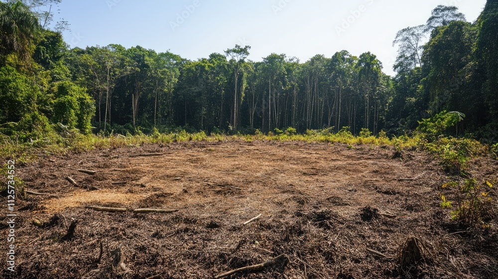 Cleared woodland area within a lush forest highlighting deforestation impact on nature and biodiversity.