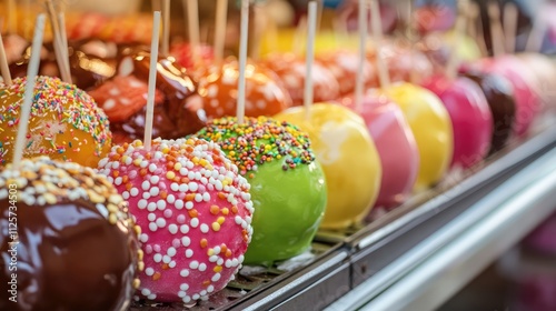 Assorted colorful candy apples displayed at a lively state fair booth showcasing a tempting festive treat.