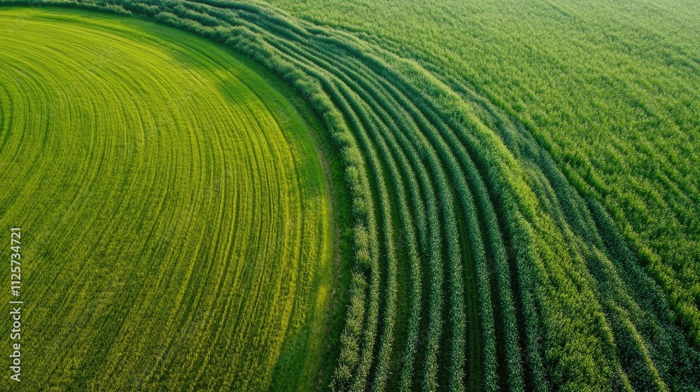 Fototapeta premium Aerial view of lush agricultural fields showcasing vibrant green crops and circular patterns in cereal farming techniques
