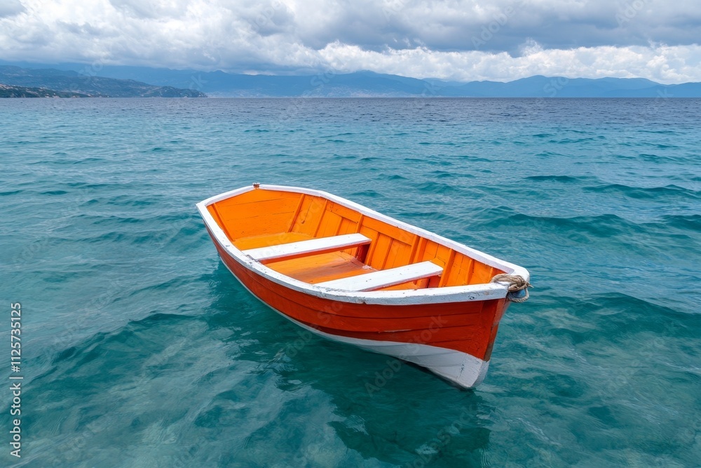 A small fishing boat drifting away under a cloudy sky, disappearing into the mist of the open sea A small fishing boat drifting away under a cloudy sky, disappearing into the mist of the open sea