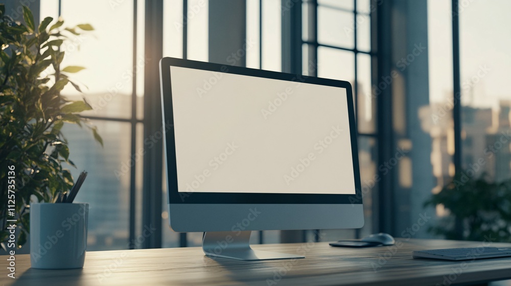 Modern Desktop Computer in Office Setting with Plants Modern Desktop Computer in Office Setting with Plants