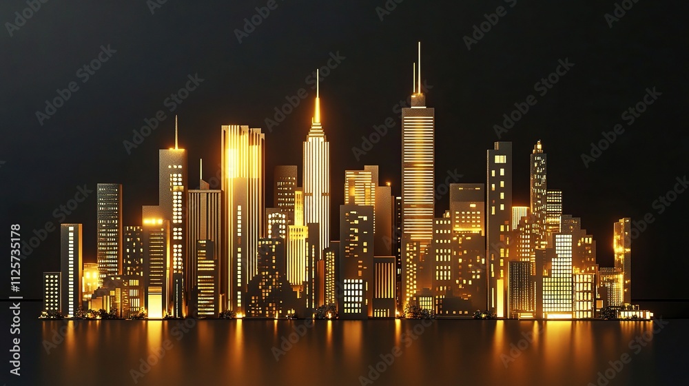 Fototapeta premium Vibrant 3D City Skyline with Glowing Lights at Night