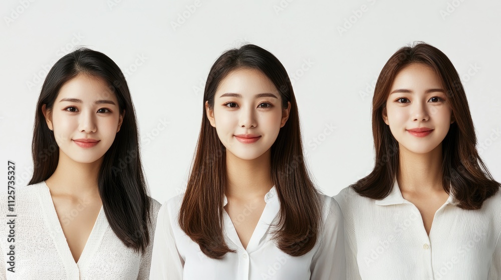 Portrait of three attractive Asian women with long hair smiling in white blouses against a neutral background showcasing beauty diversity. Portrait of three attractive Asian women with long hair smiling in white blouses against a neutral background showcasing beauty diversity.