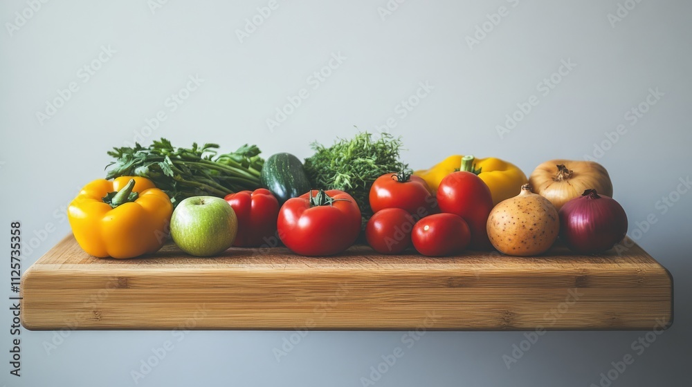 Fresh assorted vegetables on a wooden cutting board with a minimalist background for culinary and healthy lifestyle concepts