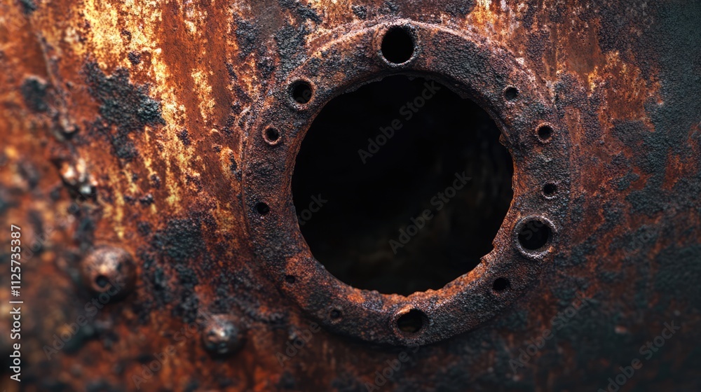 Rusty drainage hole surrounded by weathered iron showcasing texture and decay in an industrial setting. Rusty drainage hole surrounded by weathered iron showcasing texture and decay in an industrial setting.