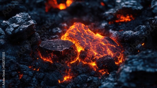 Molten lava texture with glowing orange hues over dark volcanic rocks in a dramatic landscape scene photo