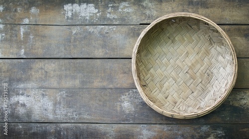 Bespoke woven basketwork on rustic wooden surface showcasing traditional craftsmanship in the countryside of Thailand