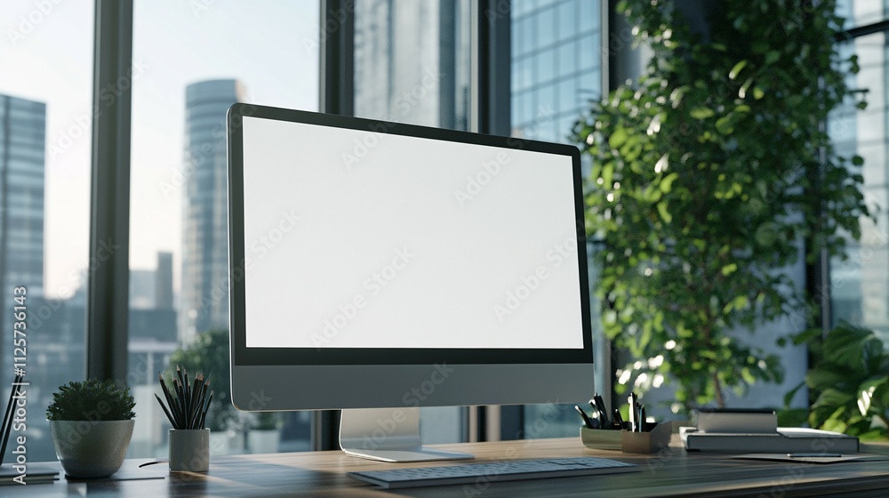 Fototapeta premium Modern Office Desktop With Blank Computer Screen