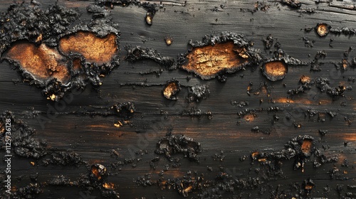 Fire-damaged bark of Pinus canariensis exhibiting signs of bark beetle infestation in a natural setting showcasing resilience and ecological impact. photo