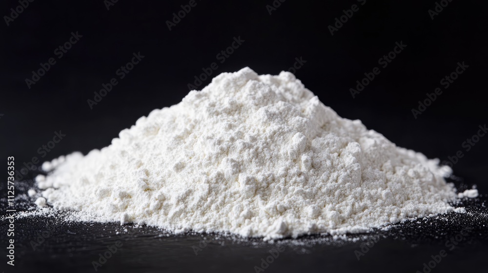 White powder mound on a dark surface showcasing texture and contrast suitable for culinary or industrial backgrounds White powder mound on a dark surface showcasing texture and contrast suitable for culinary or industrial backgrounds