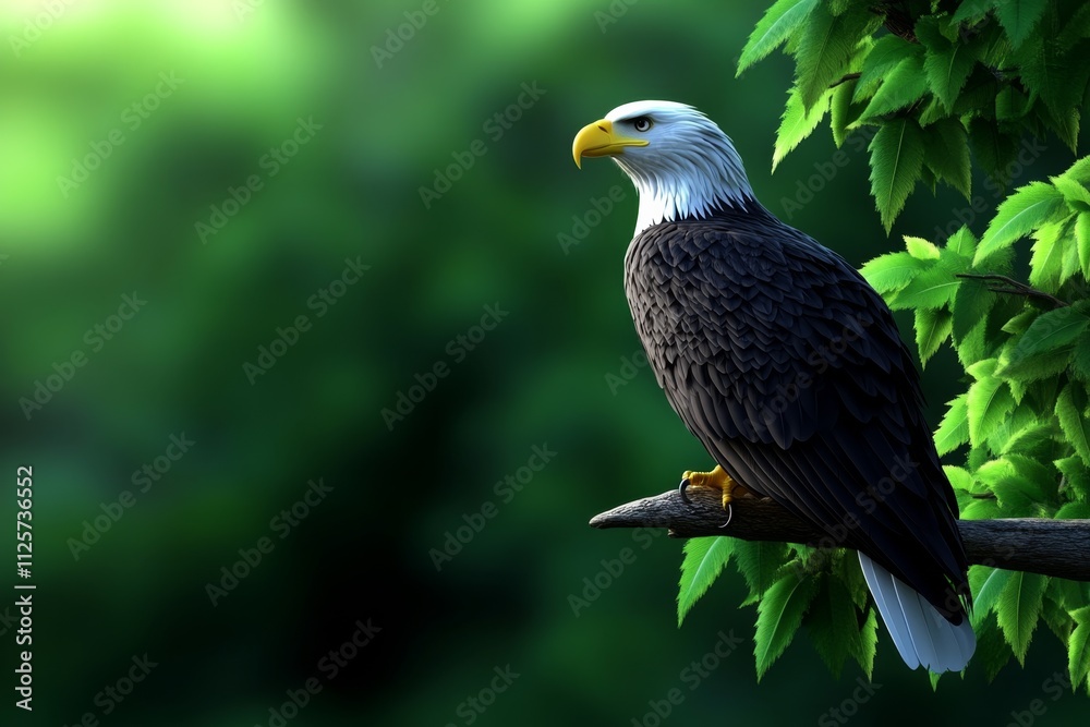 Obraz premium A vibrant 3D illustration of an eagle perched on a tree, its feathers reflecting sunlight and surrounded by lush greenery