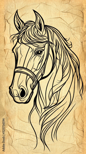 Elegant horse head illustration with flowing lines on textured background photo